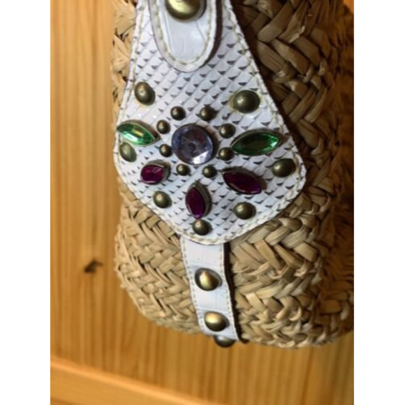 Vintage Guess Straw Woven Satchel Beach Tote Handbag Purse ,Bling,gems, Summer - Picture 7 of 9